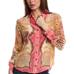 NWOT FARM Rio Pink Tan Sand Palm Scarf Shirt, Size S